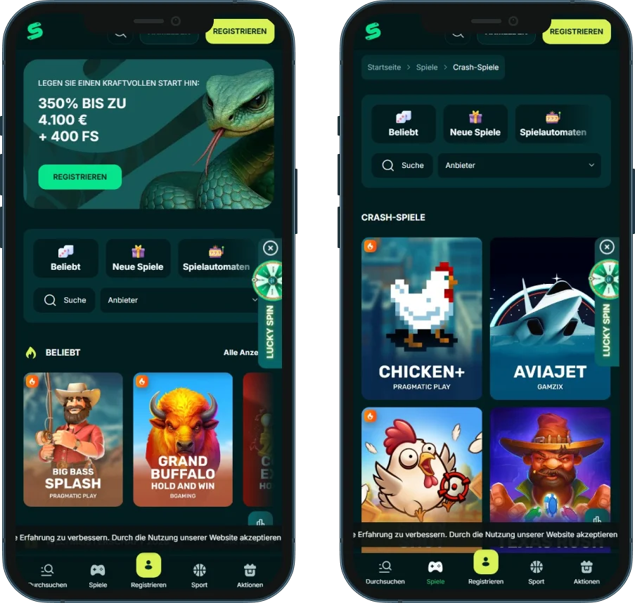 Mobile-Erfahrung bei Spinaconda